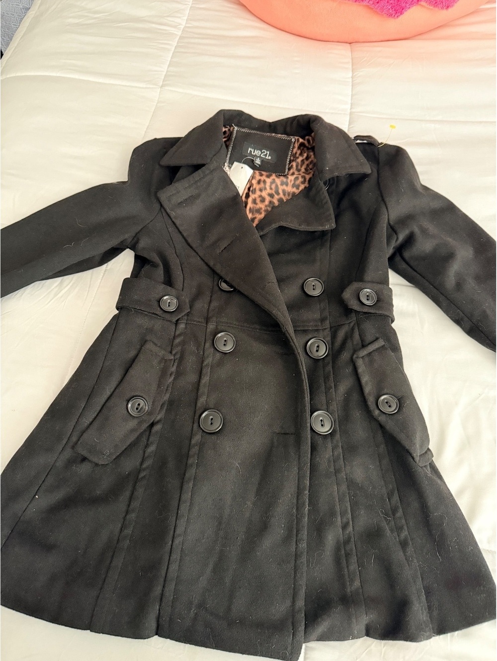 rue21 Black Double Breasted Trench Coat with Leopard Print L